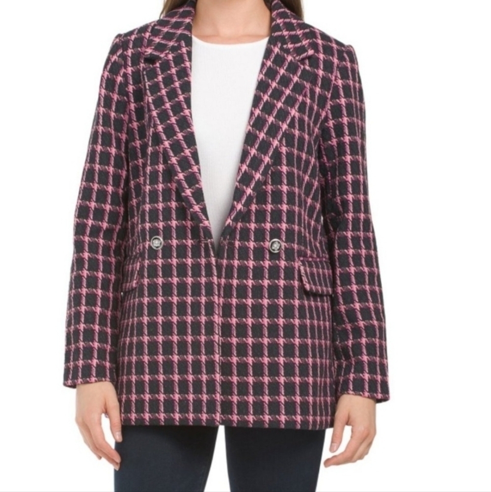 NEW Rachel Zoe Pink and Black Plaid Wool Blend Double Breasted Blazer